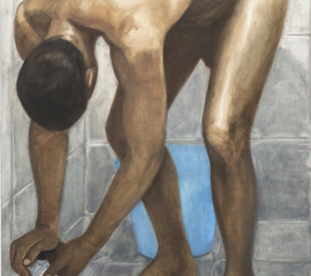 Nathanaëlle Herbelin, La douche, 2018, huile sur toile, 110 x 63 cm