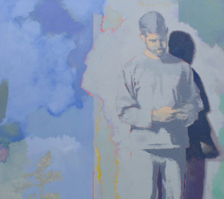 Simon Martin, "Porte-fenêtre, smartphone et fleurs sauvages", 2019, acrylique et huile sur toile, 195 x 160 cm