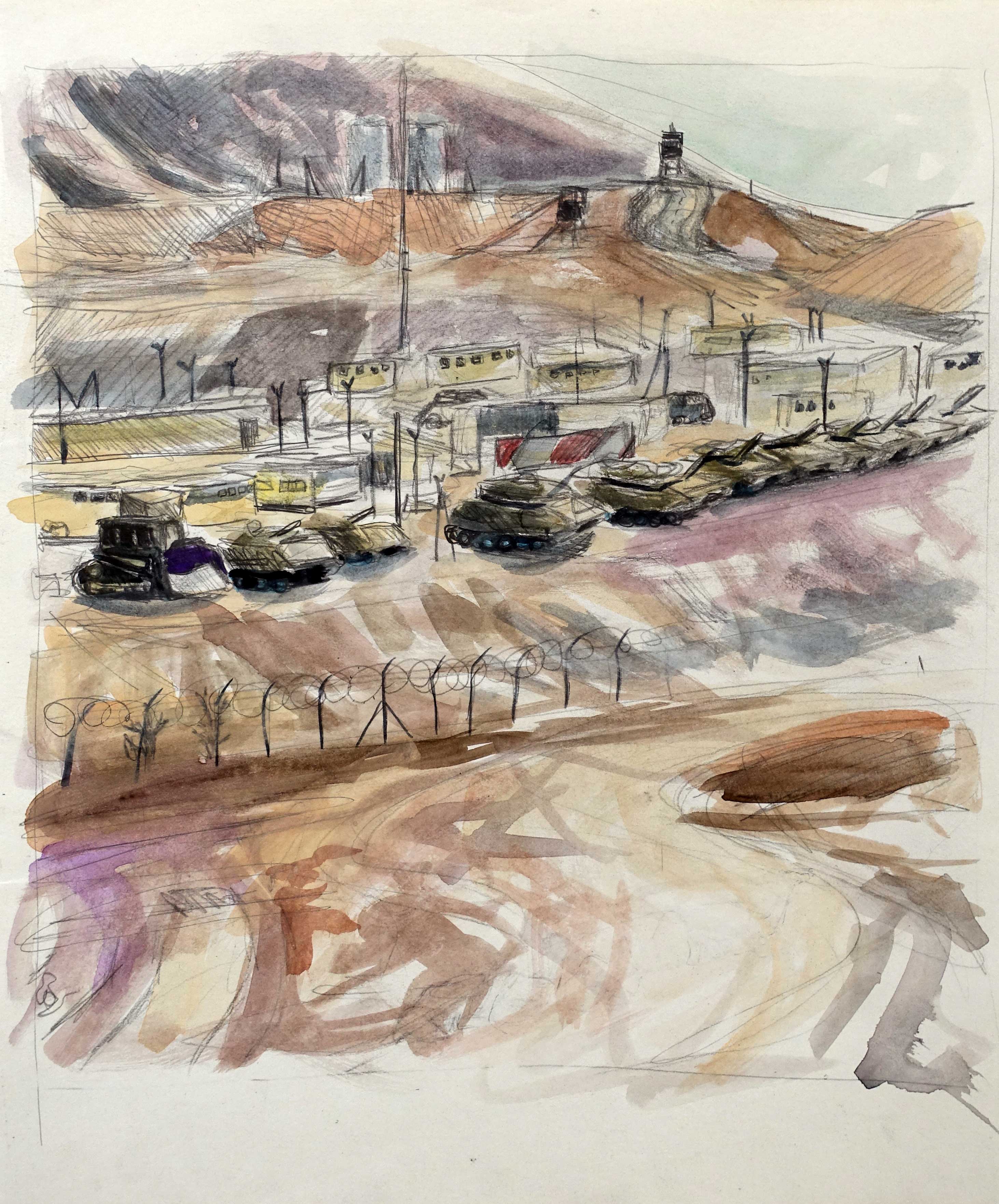 Base militaire Shahamon, Eilat, 2011, aquarelle sur papier, 30x25cm