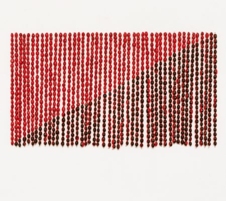 Rometti Costales, "Le drapeau de l’Anarquismo Mágico", 2013, graines de huayruro, fil de cuivre, 44 x 30 cm