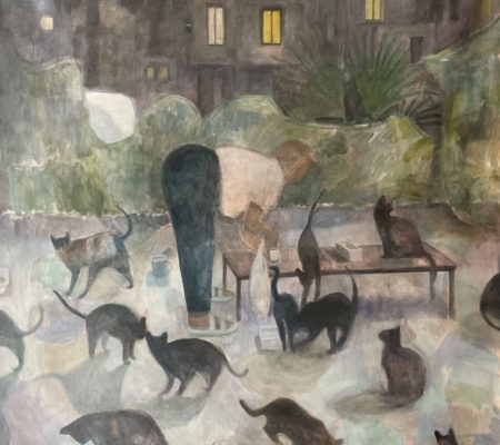 La dame aux chats, 2021, huile sur toile, 160,5 x 128,5 cm