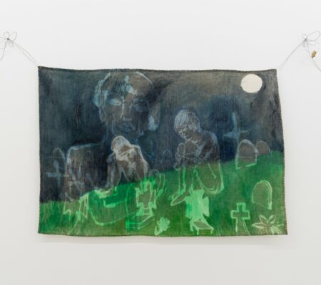 Masha Silchenko, "The advancing giant", 2024, huile sur toile, eau de javel, fil de métal, céramique, 78 x 116 cm - galerie Jousse Entreprise, Paris
